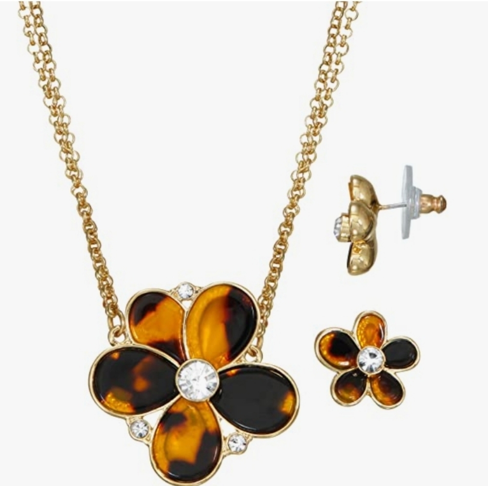 Napier Tortoise Flower Pendant, Stud Earring Set